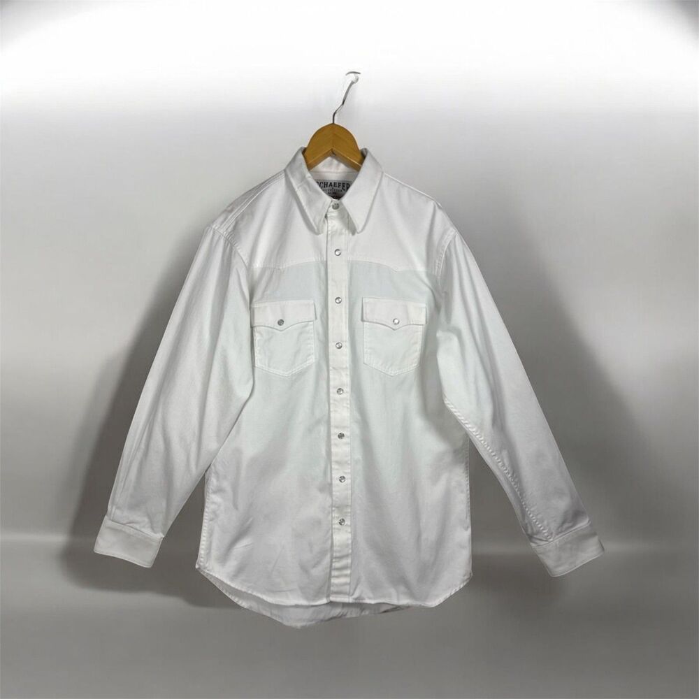 Schaefer Outfitter White Cotton Shirt Men's XL Pearl Snaps Vintage Made in USA